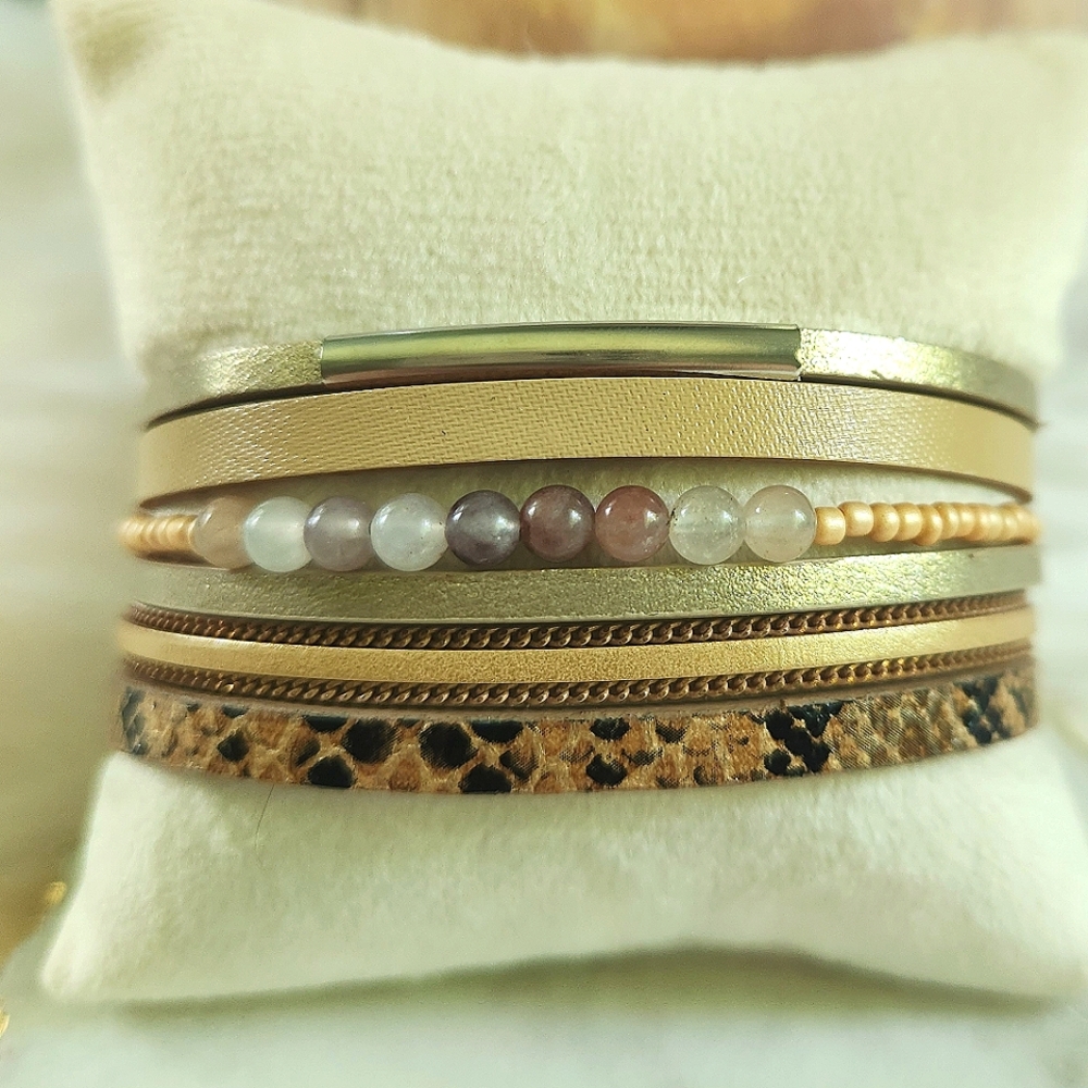 New Ryze Women's Neutral & Pink Beaded Vegan Leather Magnetic Wrap Bracelet